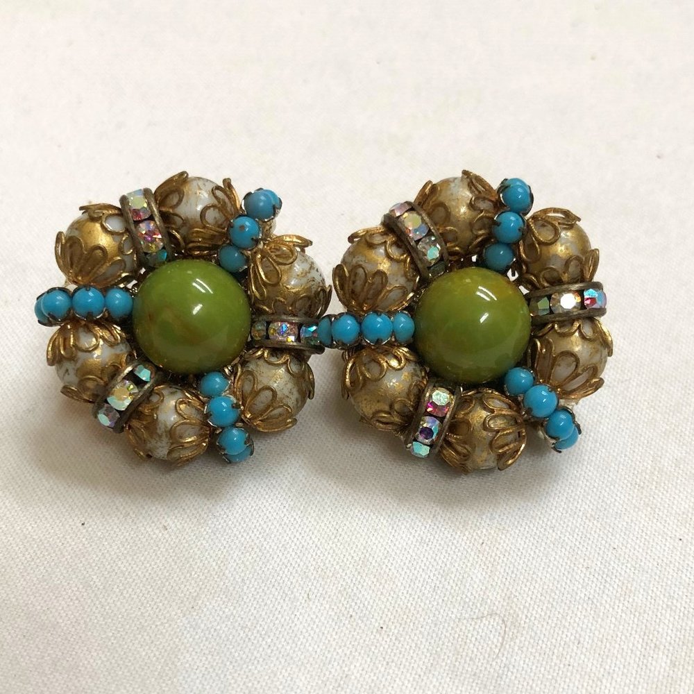 Vintage Hobe Clip Earrings Green Blue Beads Rhinestones Round Shape